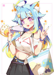 Rule 34 | 1girl, :d, ahoge, animal ear fluff, animal ears, bag, bare shoulders, black skirt, blonde hair, blue hair, blue nails, blush, breasts, cat ears, cellphone, cleavage, crop top, fang, hair ornament, hands up, holding, holding phone, lanmewko, long hair, looking at viewer, medium breasts, midriff, multicolored hair, nail polish, navel, off-shoulder shirt, off shoulder, open mouth, original, phone, pleated skirt, purple eyes, shadowsinking, shirt, skirt, smile, solo, star (symbol), star hair ornament, two-tone hair, very long hair, w, white shirt