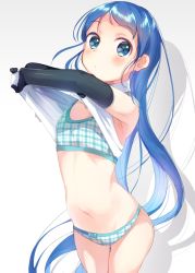 Rule 34 | 10s, 1girl, :o, black gloves, blue eyes, blue hair, blush, bow, bow panties, bra, clothes lift, commentary request, cowboy shot, elbow gloves, flat chest, gloves, gradient background, kantai collection, lifted by self, long hair, looking at viewer, navel, onbin ha, panties, plaid, plaid bra, plaid panties, samidare (kancolle), shirt lift, silhouette, solo, underwear, undressing, very long hair