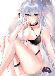 Rule 34 | 1girl, absurdres, animal ears, azur lane, bare arms, bare legs, bare shoulders, bikini, black bikini, black choker, blush, breasts, choker, commentary, criss-cross halter, feet out of frame, fox ears, hair between eyes, halterneck, hand up, highres, large breasts, long hair, looking at viewer, maigo inu, multicolored bikini, multicolored clothes, purple eyes, silver hair, simple background, sitting, solo, swimsuit, thick eyebrows, thigh strap, thighs, tosa (azur lane), tosa (hometown zest) (azur lane), very long hair, white background, white bikini