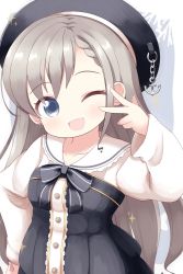 Rule 34 | 1girl, ;d, beret, black bow, black dress, black hat, blouse, blue eyes, blush, bow, braid, braided bangs, cocozasa, dress, earrings, grey hair, hands up, hat, head tilt, highres, hisakawa hayate, idolmaster, idolmaster cinderella girls, idolmaster cinderella girls starlight stage, jewelry, looking at viewer, one eye closed, open mouth, sailor collar, shirt, smile, solo, sparkle, strapless, strapless dress, v, v over eye, white sailor collar, white shirt