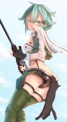 Rule 34 | 10s, 1girl, animal, anti-materiel rifle, aqua eyes, aqua hair, ass, blush, bolt action, breasts, butt crack, cat, clothes pull, fingerless gloves, from behind, gloves, gun, hair ornament, hairclip, holding, holding weapon, looking back, medium breasts, no panties, open mouth, pgm hecate ii, rifle, scarf, short hair, short shorts, shorts, shorts pull, sinon, sniper rifle, solo, standing, sword art online, weapon, yagni