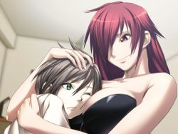 Rule 34 | 1boy, 1girl, assertive female, breast press, breast smother, breasts, cleavage, face to breasts, game cg, green eyes, grey hair, hair over one eye, hanachirasu, head hug, head on chest, height difference, hetero, hug, itsurin, large breasts, nitroplus, oosaki shin&#039;ya, red eyes, red hair, short guy, size difference, smile, takeda akane, tall