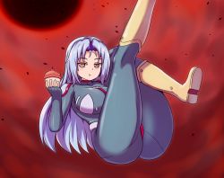 Rule 34 | 100 percent orange juice, 1girl, :t, arm behind head, blue bodysuit, blue hair, bodysuit, boots, breasts, cherry, commentary, cupcake, english commentary, eyebrows, fingerless gloves, floating, food, fruit, gloves, huge breasts, knee boots, legs up, long hair, lying, multicolored eyes, nav (itsnav), on back, pantylines, parted bangs, red background, red sky, sky, solo, star breaker (orange juice), suguri