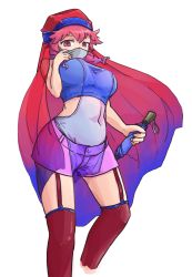 Rule 34 | 1girl, commentary request, crop top, doom (series), garter straps, kurashiki nanka, looking at viewer, mask, midriff, mouth mask, navel, personification, pink eyes, pink hair, red thighhighs, see-through, short shorts, shorts, simple background, solo, thighhighs, umbrella, veil, white background