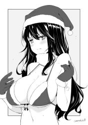 Rule 34 | 1girl, blush, breasts, cleavage, closed mouth, embarrassed, gloves, greyscale, hands up, hat, kichihachi, large breasts, long hair, looking at viewer, monochrome, navel, original, santa hat, solo, twitter username, upper body