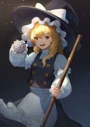 Rule 34 | 1girl, :d, apron, black skirt, black vest, blonde hair, broom, cowboy shot, grey background, hand up, hat, holding, holding broom, kirisame marisa, light blush, light particles, long hair, looking at viewer, mini-hakkero, open mouth, puffy sleeves, shin716, simple background, skirt, smile, solo, touhou, vest, waist apron, witch hat, yellow eyes
