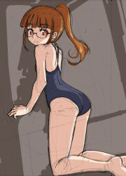 Rule 34 | 1girl, ass, brown background, brown eyes, brown hair, glasses, kneeling, long hair, minami mirei, one-piece swimsuit, ponytail, pretty series, pripara, rohitsuka, school swimsuit, sketch, solo, swimsuit