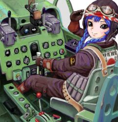 Rule 34 | 1girl, a6m zero, ace akira, asian, blue hair, cockpit, commentary request, gloves, goggles, hachimaki, headband, imperial japanese navy, japanese flag, kamikaze pilot, life vest, looking at viewer, looking to the side, oekaki, pilot, pilot helmet, pilot suit, piloting, salute, seatbelt, the cockpit, turning head, vest, watch, world war ii, wristwatch