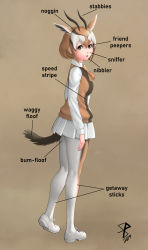 Rule 34 | 1girl, animal ears, arms at sides, artist logo, black hair, brown hair, english text, expressionless, from side, full body, gazelle ears, gazelle horns, gazelle tail, grey eyes, hair between eyes, highres, horns, kemono friends, long sleeves, looking at viewer, looking to the side, multicolored clothes, multicolored hair, multicolored legwear, open mouth, pandacron, pantyhose, pleated skirt, shirt, shoes, short hair, sidelocks, skirt, solo, sweater vest, tail, thomson&#039;s gazelle (kemono friends), walking, white footwear, white hair, white skirt, wing collar