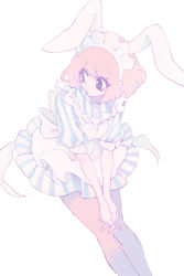 Rule 34 | 1girl, akiyama enma, animal ears, apron, bare legs, dress, fake animal ears, frilled apron, frills, leaning forward, looking away, maid headdress, original, own hands together, pale color, parted lips, pink hair, puffy short sleeves, puffy sleeves, rabbit ears, short sleeves, solo, striped clothes, striped dress, waitress