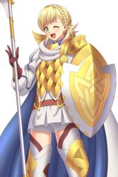 Rule 34 | 1girl, armor, blonde hair, braid, cape, fire emblem, fire emblem heroes, full body, gloves, green eyes, holding, holding polearm, holding shield, holding spear, holding weapon, ibushi (oath), looking at viewer, nintendo, one eye closed, polearm, scale armor, sharena (fire emblem), shield, simple background, skirt, smile, solo, spear, thighhighs, weapon, white background