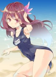 Rule 34 | 10s, 1girl, adjusting hair, arm support, arm up, armpits, artist name, beach, blush, brown eyes, brown hair, day, hair ornament, imu sanjo, kantai collection, kisaragi (kancolle), long hair, lying, md5 mismatch, one-piece swimsuit, resized, resolution mismatch, sand, school swimsuit, skin tight, smile, solo, source larger, swimsuit, water, wind