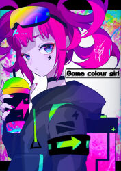 Rule 34 | 1girl, cup, drinking straw, english text, facial tattoo, goggles, goggles on head, goma irasuto, highres, hood, hood down, hoodie, looking at viewer, multicolored eyes, original, pink hair, signature, solo, sweater, tattoo, twintails
