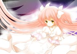 Rule 34 | 10s, bow, dress, gloves, hair bow, kaname madoka, long hair, magical girl, mahou shoujo madoka magica, mahou shoujo madoka magica (anime), pink hair, puffy sleeves, solo, space, spoilers, torotoro, twintails, two side up, ultimate madoka, white gloves, wings, yellow eyes