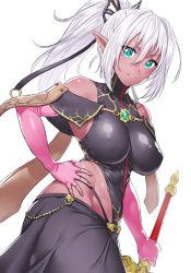 Rule 34 | &gt;:), 1girl, bare shoulders, black leotard, black skirt, breasts, chain, closed mouth, cowboy shot, dark skin, dark-skinned female, dutch angle, earrings, elbow gloves, elf, covered erect nipples, gloves, green eyes, hair between eyes, hand on own hip, holding, holding sword, holding weapon, jewelry, large breasts, leotard, long hair, looking at viewer, onsoku inu, pink gloves, pointy ears, ponytail, simple background, skin tight, skirt, smile, solo, standing, sword, turtleneck, v-shaped eyebrows, weapon, white background