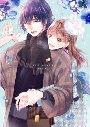 Rule 34 | 1boy, 1girl, bag, black hakama, black scarf, blue bow, blue flower, blue hair, blue nails, bow, brown bag, brown coat, brown eyes, brown hair, coat, english text, fascinator, flower, flower request, fringe trim, grey sash, hakama, handbag, highres, holding hands, hug, hug from behind, japanese clothes, kimono, blue background, light blue kimono, lips, long sleeves, looking ahead, looking at another, nail polish, natsumoto (pixiv895938), open mouth, original, parted lips, print kimono, scarf, smile, thick eyebrows, white headwear, wide sleeves, yellow eyes, yukata