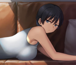 Rule 34 | 1girl, black hair, blue eyes, breast press, breasts, closed mouth, couch, expressionless, from side, grey shirt, hashi, highres, large breasts, looking at viewer, looking to the side, lying, on stomach, original, shirt, short hair, sleeveless, sleeveless shirt, solo, tomboy, upper body