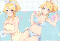 Rule 34 | 1girl, 6u (eternal land), absurdres, ayase eli, bare shoulders, bikini, blonde hair, blue bikini, blue eyes, blush, bow, breasts, cleavage, closed mouth, collarbone, floral background, flower, hair bow, highres, long hair, love live!, love live! school idol project, medium breasts, naked towel, navel, open mouth, ponytail, shiny skin, side-tie bikini bottom, simple background, solo, stomach, striped bikini, striped clothes, swimsuit, towel
