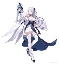 Rule 34 | 1girl, absurdres, bare shoulders, black gloves, boots, breasts, bronya zaychik, bronya zaychik (silverwing: n-ex), cleavage, closed mouth, dress, drill hair, full body, gloves, grey eyes, grey hair, gun, high heel boots, high heels, highres, holding, holding gun, holding weapon, honkai (series), honkai impact 3rd, large breasts, long hair, looking at viewer, simple background, single glove, single sleeve, single thighhigh, solo, thighhighs, twin drills, wawako mama, weapon, white background, white dress, white sleeves, white thighhighs