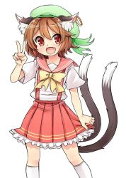Rule 34 | 1girl, animal ears, bow, brown hair, cat ears, cat tail, chen, commentary request, earrings, fang, green hat, hat, ibaraki natou, jewelry, kneehighs, md5 mismatch, mob cap, multiple tails, nekomata, open mouth, pleated skirt, red skirt, resized, short hair, short sleeves, simple background, single earring, skirt, socks, solo, tail, touhou, v, white background, white socks, yellow bow