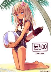 Rule 34 | ball, beachball, blue eyes, blush, breasts, character name, closed mouth, copyright name, dada (esoragoto), flower, hair flower, hair ornament, kantai collection, long hair, looking at viewer, one-piece swimsuit, palm tree, ro-500 (kancolle), school swimsuit, small breasts, smile, solo, swimsuit, torpedo, tree, white hair