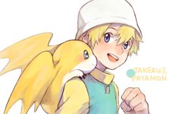 Rule 34 | 00s, 1boy, ayame (artist), blonde hair, blue eyes, blush, character name, creature, digimon, digimon (creature), digimon adventure 02, hat, head wings, male focus, patamon, short hair, simple background, smile, solo, takaishi takeru, white background, white hat, wings