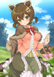 Rule 34 | 1girl, acorn, animal ears, bad id, bad pixiv id, basket, blurry, blurry foreground, blush, bow, brown eyes, brown hair, capelet, day, emily (pure dream), green skirt, hair between eyes, hair bow, looking at viewer, orange shirt, original, outdoors, pink bow, shirt, short hair, sitting, skirt, smile, solo, squirrel ears, squirrel tail, tail
