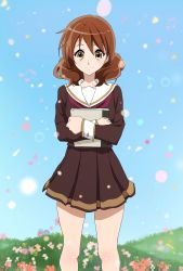 Rule 34 | 10s, 1girl, brown eyes, brown hair, brown shirt, brown skirt, circle (pixiv7060692), collarbone, day, hibike! euphonium, highres, holding, long hair, looking at viewer, neckerchief, oumae kumiko, outdoors, pleated skirt, red neckerchief, school uniform, shiny skin, shirt, skirt, smile, solo, tears