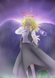 Rule 34 | 1girl, :d, ^ ^, blonde hair, blouse, closed eyes, ex-rumia, tucking hair, halo, hill, lens flare, open mouth, red eyes, rumia, shirt, short hair, skirt, smile, tennenmoe, touhou, twilight, vest