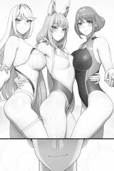 Rule 34 | 1boy, 3girls, animal ears, arm around waist, bad id, bad source, bad twitter id, bare shoulders, blush, breasts, closed mouth, commentary, english commentary, greyscale, highres, holding hands, husband and wives, interlocked fingers, large breasts, leotard, long hair, lvl (sentrythe2310), medium breasts, monochrome, multiple girls, mythra (radiant beach) (xenoblade), mythra (xenoblade), nia (blade) (xenoblade), nia (xenoblade), pyra (pro swimmer) (xenoblade), pyra (xenoblade), rex (xenoblade), short hair, simple background, smile, thigh strap, thighs, white background, xenoblade chronicles (series), xenoblade chronicles 2