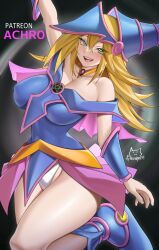 Rule 34 | 1girl, achromaru, arm up, artist name, bare shoulders, blonde hair, blush, breasts, cleavage, collarbone, covered erect nipples, dark magician girl, duel monster, green eyes, hat, highres, huge breasts, long hair, magical girl, miniskirt, panties, signature, skirt, solo, thick thighs, thighs, underwear, very long hair, white panties, wide hips, witch hat, yu-gi-oh!