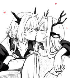 Rule 34 | 2girls, alina (arknights), animal ears, antlers, arknights, closed eyes, collared shirt, commentary, deer antlers, deer ears, deer girl, dragon horns, english commentary, greyscale, hair intakes, heart, highres, holding hands, horns, kiss, light blush, long hair, monochrome, multiple girls, shirt, short hair, silverxp, spot color, talulah (arknights), twitter username, upper body, vest, yuri