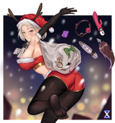 Rule 34 | 1girl, absurdres, anal tail, antlers, antlers through headwear, arm up, armpits, ball gag, bare shoulders, blonde hair, blurry, blurry background, border, bow, butt plug, cameltoe, christmas, condom, condom wrapper, dildo, fake tail, fur-trimmed gloves, fur-trimmed headwear, fur trim, gag, gloves, green bow, hat, highres, hitachi magic wand, holding, holding sack, horns, lan xiezi, no shoes, orange eyes, original, outdoors, over shoulder, pantyhose, parted lips, platinum blonde hair, red hat, sack, santa costume, santa hat, sex toy, signature, smile, snow, snowing, solo, tail, torn, torn sack, vibrator, white border, wiffle gag