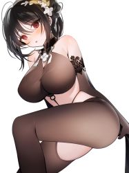Rule 34 | 1girl, azur lane, bare shoulders, black hair, blush, bodysuit, breasts, bridal gauntlets, chen hai (azur lane), chen hai (vestibule of wonders) (azur lane), cleavage, dress, unworn dress, gloves, hair ornament, large breasts, long hair, looking at viewer, mannermana, red eyes, solo, taut clothes