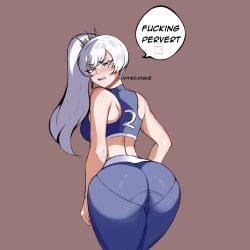 Rule 34 | 1girl, anger vein, ass, breasts, curvy, highres, huge ass, hyper.rxgue, large breasts, looking at viewer, looking back, panties, pants, pantylines, ponytail, profanity, rwby, solo, sports bra, thighs, underwear, weiss schnee, white eyes, white hair, wide hips, yoga pants