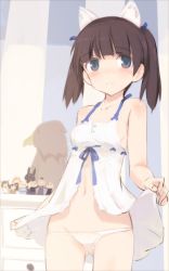 Rule 34 | 10s, 1girl, animal ears, babydoll, black hair, blue eyes, blue ribbon, blush, brave witches, camisole, cat ears, character doll, chest of drawers, georgette lemare, hair ribbon, lingerie, looking at viewer, lowleg, lowleg panties, navel, open clothes, panties, ribbon, shimada fumikane, sleeveless, solo, strike witches, stuffed animal, stuffed bird, stuffed toy, twintails, underwear, underwear only, wall, white panties, world witches series