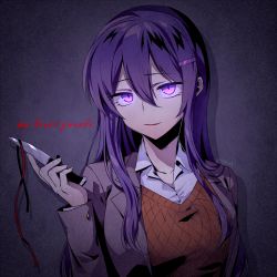 Rule 34 | 1girl, commentary request, doki doki literature club, english text, grey jacket, hair between eyes, hair ornament, hairclip, jacket, knife, long hair, long sleeves, looking at viewer, nan (gokurou), open clothes, open jacket, parted lips, purple eyes, purple hair, red ribbon, ribbon, school uniform, simple background, smile, solo, twitter username, upper body, wing collar, yuri (doki doki literature club)