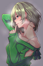 Rule 34 | 1girl, arm up, blush, breasts, brown hair, collarbone, finger to mouth, green eyes, green sweater, grey background, hand on neck, heavy breathing, hickey, highres, idolmaster, idolmaster cinderella girls, index finger raised, looking at viewer, looking to the side, medium breasts, mole, mole under eye, neck, oekaki, off-shoulder, off-shoulder sweater, off shoulder, parted lips, short hair, shouji nigou, simple background, smile, solo, spaghetti strap, steam, sweat, sweater, takagaki kaede
