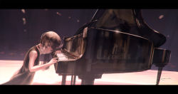 Rule 34 | 1girl, black dress, black eyes, black hair, choker, commentary, dark, dress, head rest, highres, instrument, leaning forward, letterboxed, light particles, long hair, looking at viewer, looking to the side, muted color, open mouth, original, piano, reoen, signature, sleeveless, sleeveless dress, solo