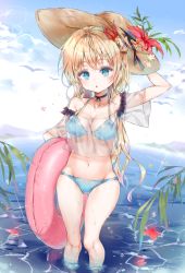 Rule 34 | 1girl, :o, animal, arm up, bad id, bad pixiv id, bare shoulders, bikini, bird, blonde hair, blue bikini, blue eyes, blue sky, blush, brown hat, cloud, collarbone, commentary request, day, flower, flower on liquid, groin, hand on headwear, hat, hat flower, innertube, long hair, navel, off-shoulder shirt, off shoulder, original, outdoors, parted lips, petals, petals on liquid, qlakwnd, red flower, see-through, shallow water, shirt, short sleeves, sky, solo, standing, sun hat, swim ring, swimsuit, very long hair, wading, water