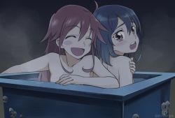 Rule 34 | 2girls, :d, ^ ^, ahoge, bad id, bad pixiv id, barrel, bathing, blue hair, blush, blush stickers, brown eyes, closed eyes, collarbone, covering breasts, covering privates, eyebrows, flip flappers, hand on own shoulder, happy, kokomine cocona, long hair, looking at another, multiple girls, night, niina ryou, nude, open mouth, orange hair, outdoors, papika (flip flappers), partially submerged, same-sex bathing, shared bathing, short hair, smile, teeth, twitter username, watermark, |d