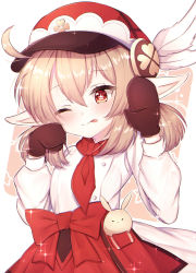 Rule 34 | 1girl, ;), ;p, ahoge, brown mittens, cabbie hat, chef, clover print, commentary request, dodoco (genshin impact), genshin impact, hair between eyes, hat, highres, klee (genshin impact), light brown hair, long hair, long sleeves, looking at viewer, low twintails, miitaodao, mittens, official alternate costume, one eye closed, orange eyes, paw pose, pocket, pointy ears, sidelocks, simple background, smile, solo, sparkle, tongue, tongue out, twintails
