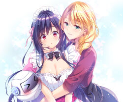 Rule 34 | &gt; &lt;, 2girls, :3, abiru karen, apron, black bow, black bowtie, black hair, blonde hair, blush, bow, bowtie, breasts, cleavage, closed mouth, commentary request, detached collar, dress, eyelashes, eyes visible through hair, frilled apron, frills, gradient background, green eyes, hair between eyes, highres, hug, large breasts, blue background, long hair, long sleeves, looking at viewer, machina (qualia ~yakusoku no kiseki~), maid, maid apron, maid headdress, multiple girls, parted lips, pink dress, puffy short sleeves, puffy sleeves, qualia ~yakusoku no kiseki~, red eyes, red shirt, shirt, short sleeves, simple background, smile, sparkle, suzushiro atsushi, tareme, tsurime, upper body, very long hair, white apron, white background