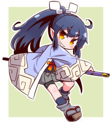 Rule 34 | 1girl, black hair, blue socks, blush, borrowed character, chibi, fighting stance, full body, green background, holding, holding sheath, kneehighs, long hair, looking at viewer, naga u, orange eyes, original, parted lips, ponytail, ready to draw, sheath, sheathed, simple background, smile, socks, solo, sword, teeth, thighs, weapon, white background