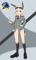Rule 34 | 1girl, bad id, bad pixiv id, blonde hair, blue eyes, bullet, commentary, dakku (ogitsune), goggles, head wings, mary janes, nina georgina marseille, shoes, solo, strike witches, strike witches 1991, tail, uniform, wings, world witches series