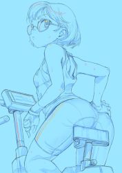 Rule 34 | 1girl, arched back, ass, bike shorts, blue theme, closed mouth, commentary, exercise bike, fingerless gloves, from behind, glasses, gloves, hand on own hip, highres, looking at viewer, looking back, monochrome, original, pantylines, short hair, single vertical stripe, sitting, solo, sportswear, sweat, takku 2018, tank top, traditional media