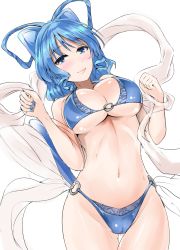 Rule 34 | 1girl, animal ears, bare arms, bare shoulders, bikini, blue bikini, blue eyes, blue hair, blue nails, blush, breasts, cameltoe, cat ears, cat tail, commentary request, cowboy shot, drill hair, drill sidelocks, groin, hair rings, halterneck, hands up, highres, kaku seiga, kemonomimi mode, large breasts, lips, looking at viewer, nail polish, navel, o-ring, o-ring bikini, shawl, short hair, sidelocks, simple background, smile, solo, standing, stomach, swimsuit, tail, thighs, touhou, white background, y2