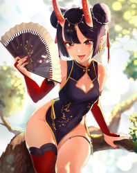 Rule 34 | 1girl, backlighting, bare shoulders, branch, breasts, bridal gauntlets, china dress, chinese clothes, cleavage, cleavage cutout, clothing cutout, detached sleeves, double bun, dress, earrings, eyeliner, fang, fate/grand order, fate (series), hair bun, hair ribbon, hand fan, highres, horns, jewelry, long sleeves, looking at viewer, makeup, nail polish, okoru ringo, oni, open mouth, pelvic curtain, pointy ears, purple dress, purple hair, red ribbon, red thighhighs, ribbon, short eyebrows, short hair, shuten douji (fate), side slit, single thighhigh, sitting, skin-covered horns, small breasts, smile, solo, thighhighs, thighs, tongue, tongue out, wide hips
