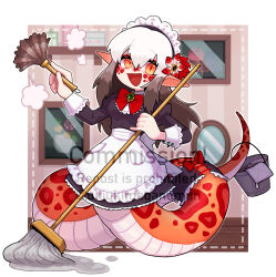 Rule 34 | 1girl, absurdres, breasts, brown eyes, brown hair, bucket, commission, duster, dusting, gradient hair, highres, holding, holding duster, holding mop, lamia, long hair, long sleeves, looking at viewer, maid, maid headdress, medium breasts, monster girl, mop, multicolored hair, onosanlove, open mouth, original, pointy ears, skeb commission, slit pupils, smile, solo, watermark, white hair