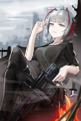 Rule 34 | 1girl, absurdres, arknights, building, city, fire, grenade launcher, grey shirt, highres, horns, knife, mizuhashi parusui, outdoors, pale skin, shirt, short hair, sidelocks, solo, w (arknights), weapon, white hair, yellow eyes